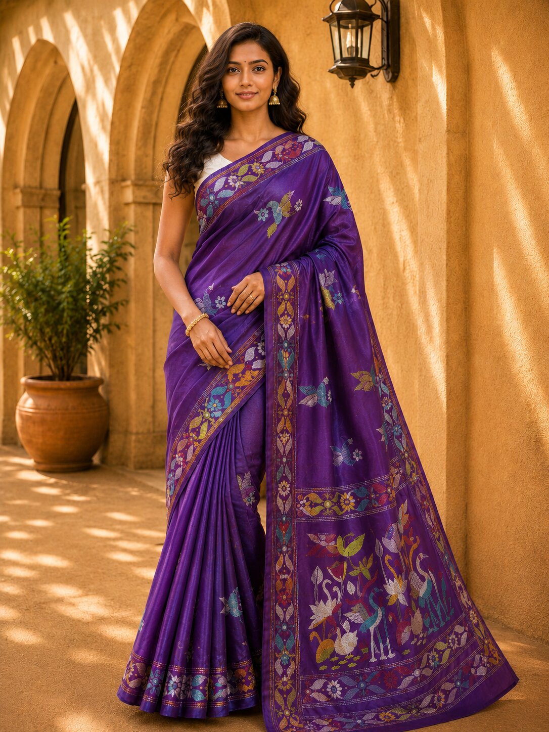 Laa Calcutta Purple & Multi hand-stitch embroidary silk blend kantha stitch saree