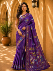 Laa Calcutta Purple & Multi hand-stitch embroidary silk blend kantha stitch saree