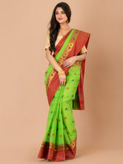 Green & Red pure cotton taant saree