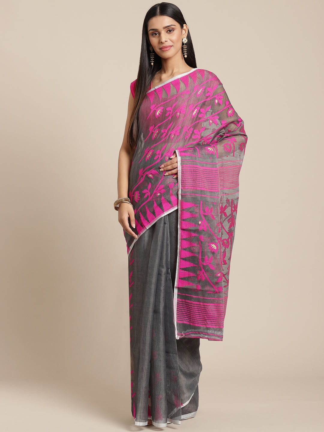 Grey & Pink Cotton Jamdani Saree