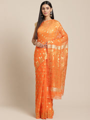 Orange  & Golden  Cotton Jamdani Saree