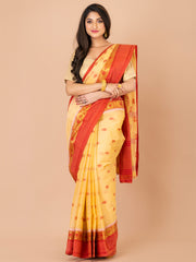 Beige & Red pure cotton taant saree