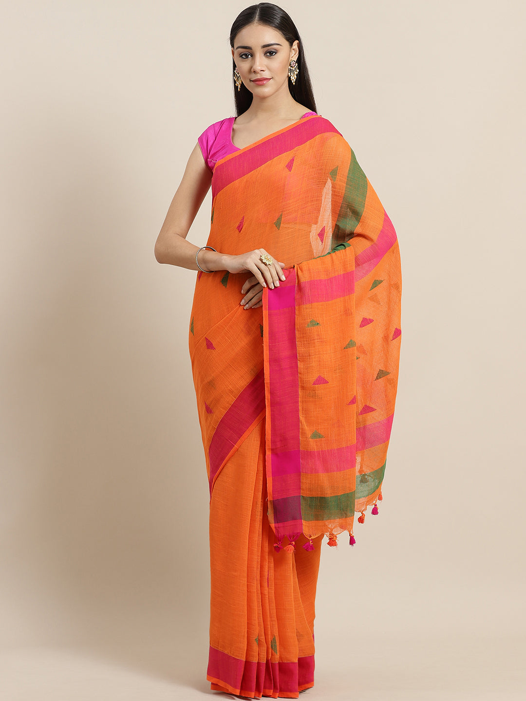 Laa Calcutta Orange  & Pink  cotton Handloom  saree