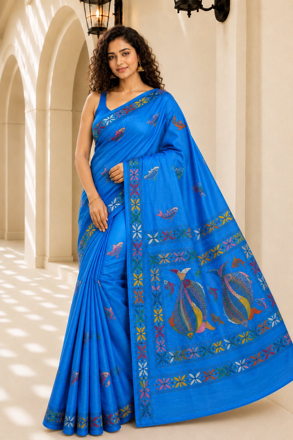 Laa Calcutta Blue & Multi hand-stitch embroidary silk blend kantha stitch saree