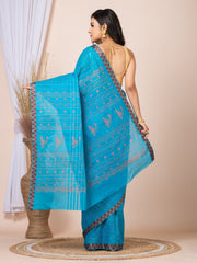 Laa Calcutta Aqua Blue & Mustard printed  taant saree