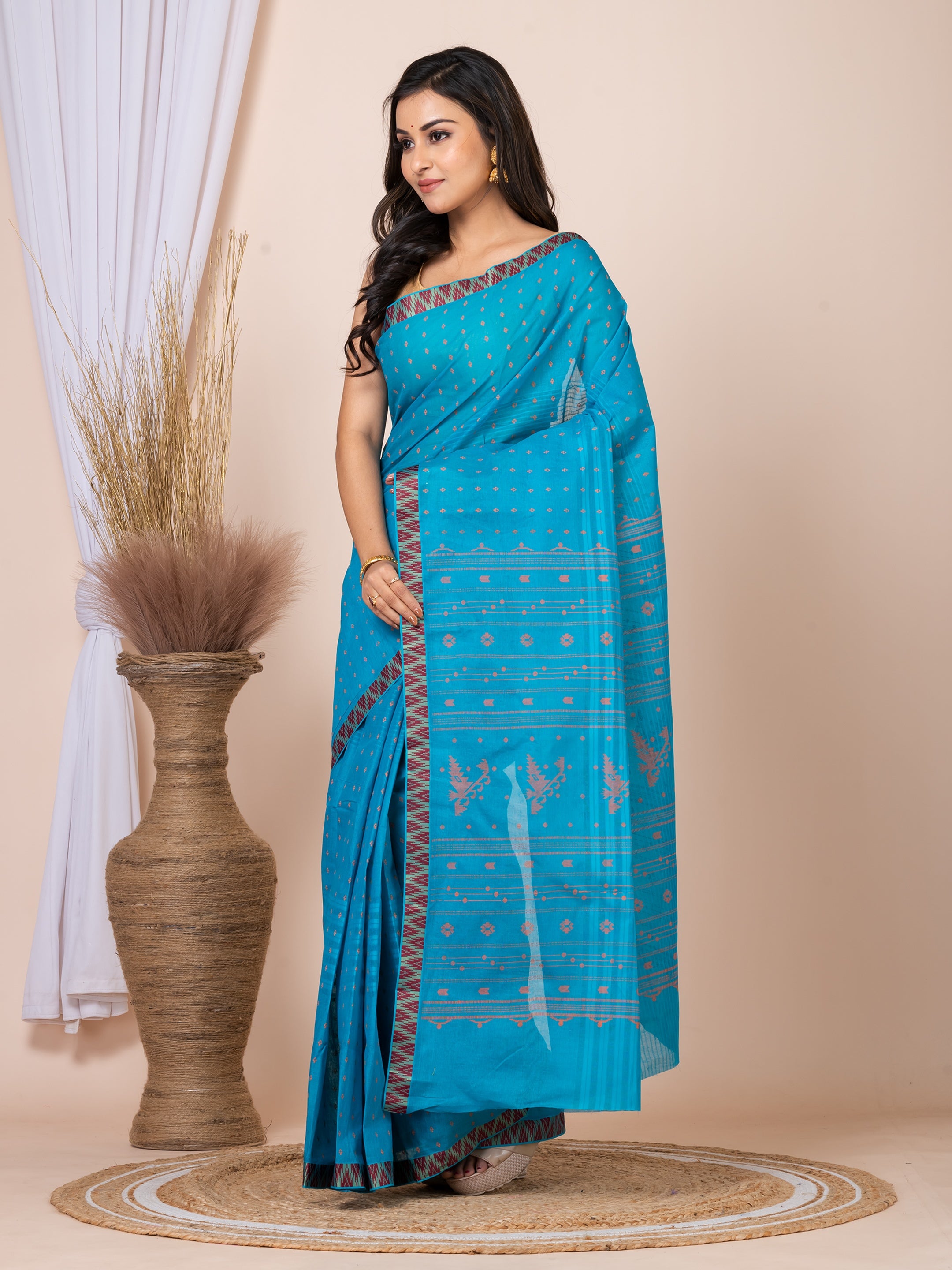 Laa Calcutta Aqua Blue & Mustard printed  taant saree