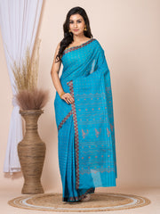 Laa Calcutta Aqua Blue & Mustard printed  taant saree