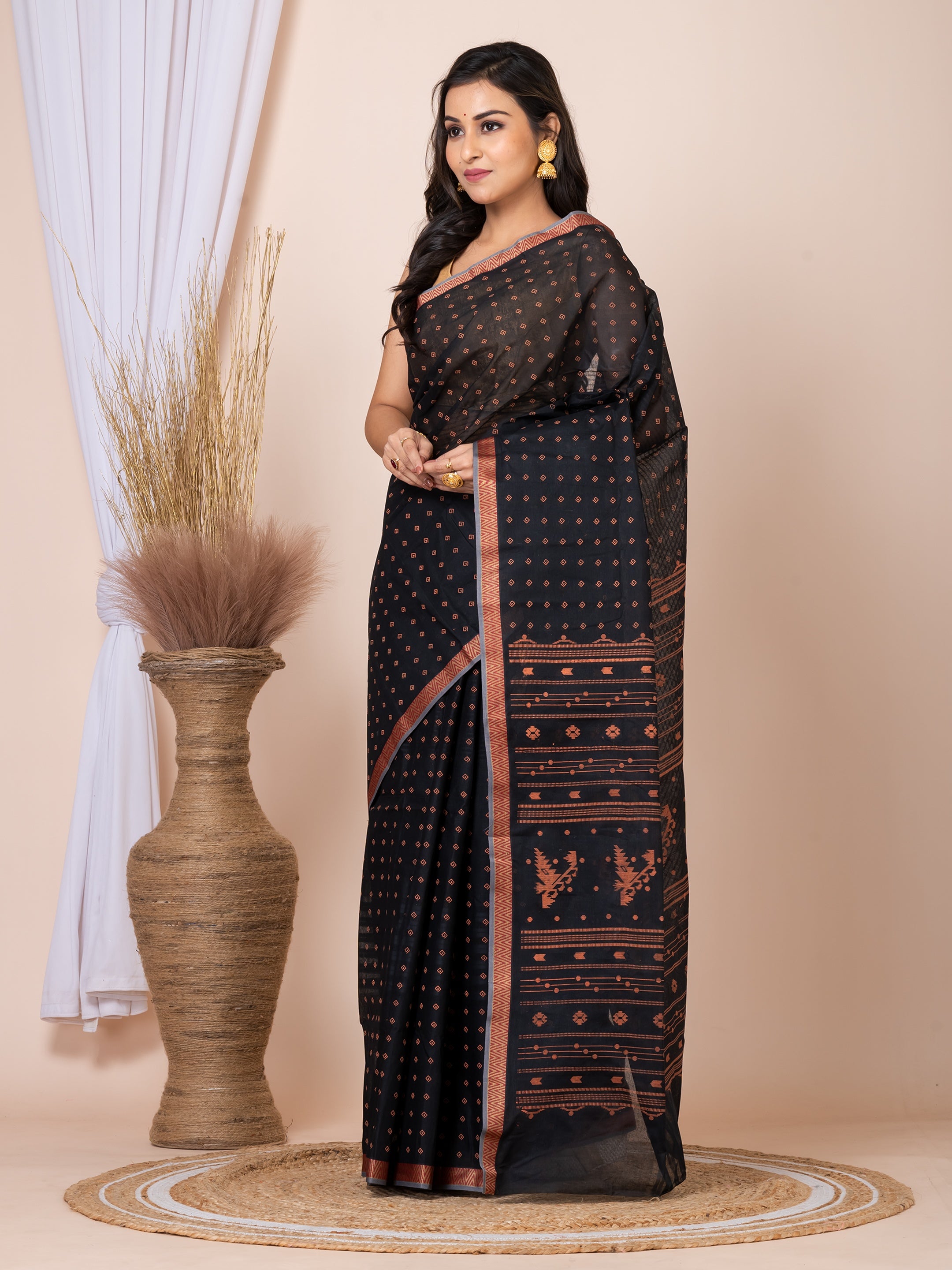 Laa Calcutta Black & Copper printed taant saree