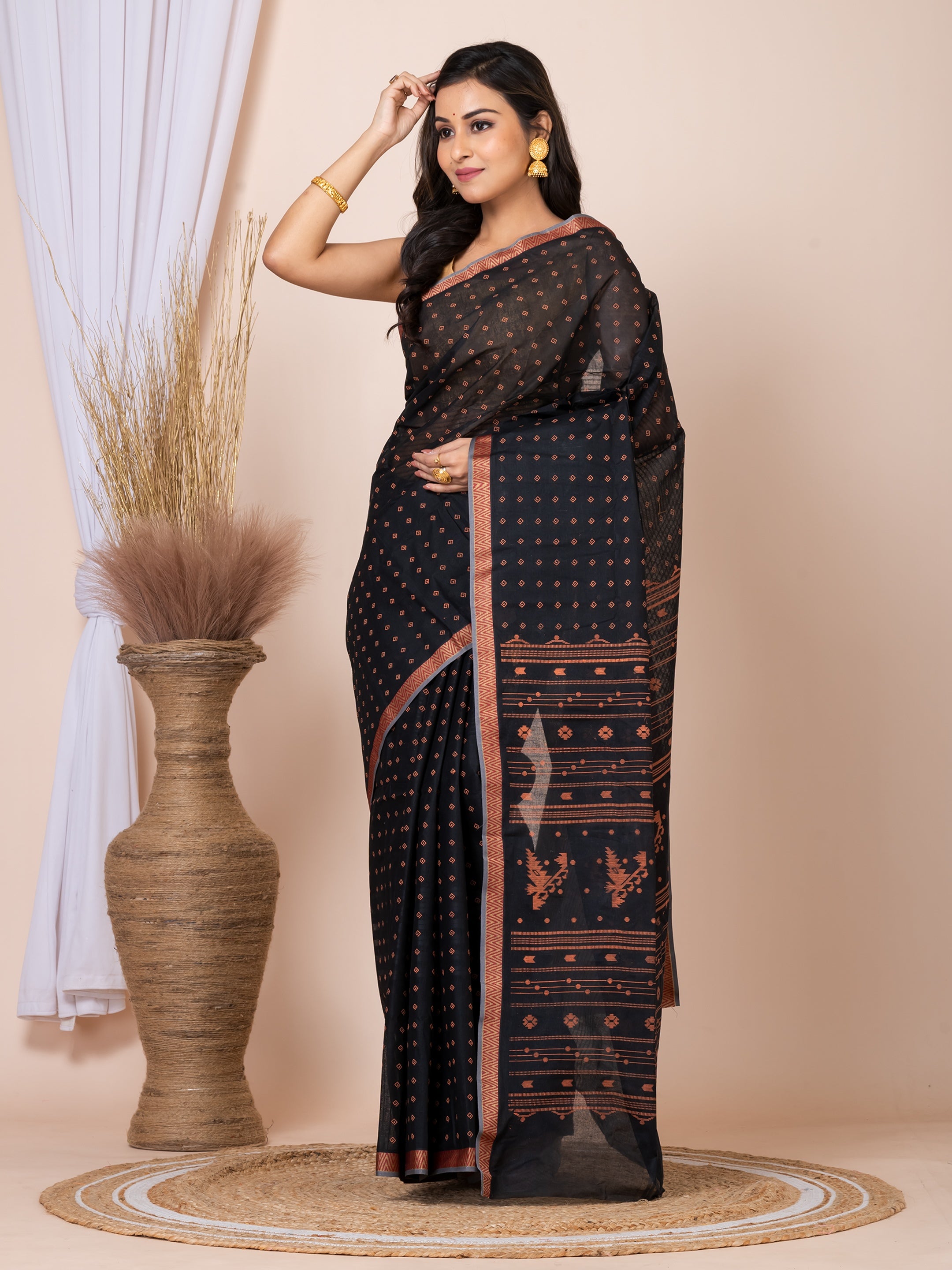 Laa Calcutta Black & Copper printed taant saree