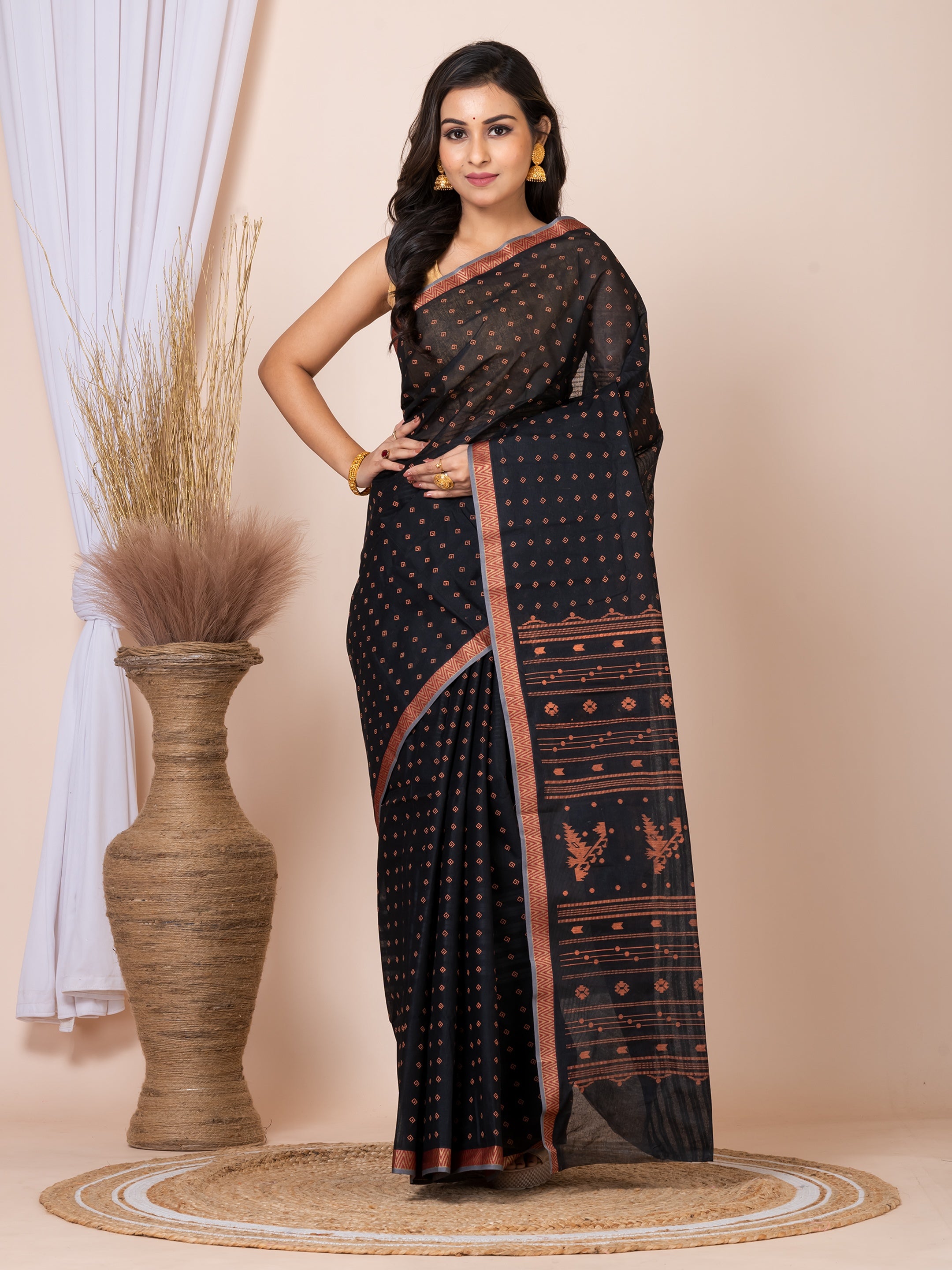 Laa Calcutta Black & Copper printed taant saree