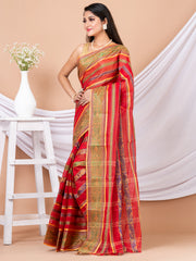 Red & Multi pure cotton woven design taant saree