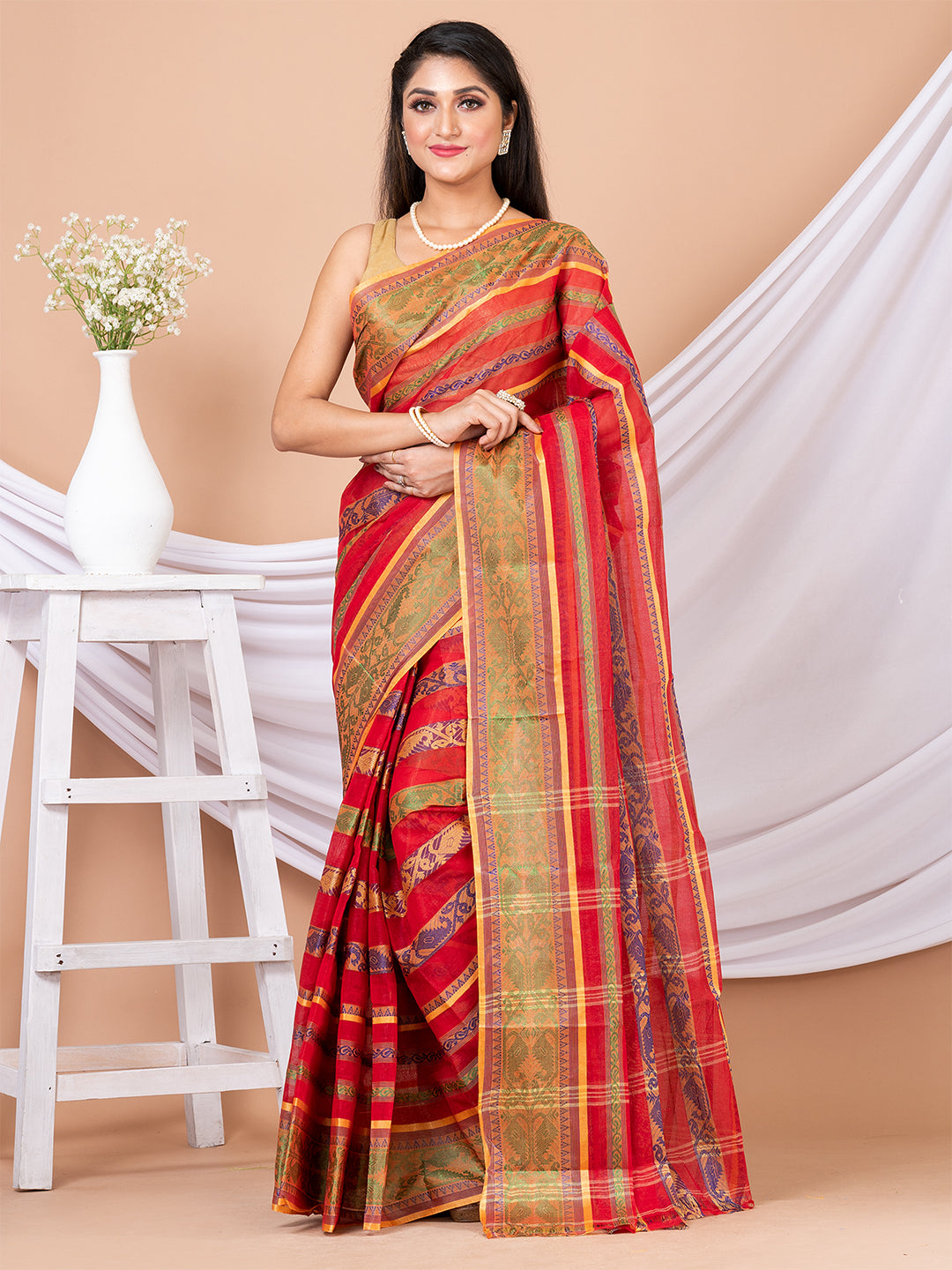 Red & Multi pure cotton woven design taant saree