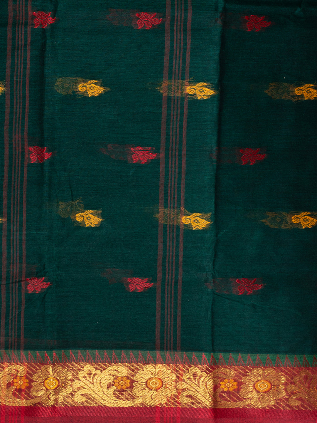 Green & Maroon Floral woven design pure cotton taant saree