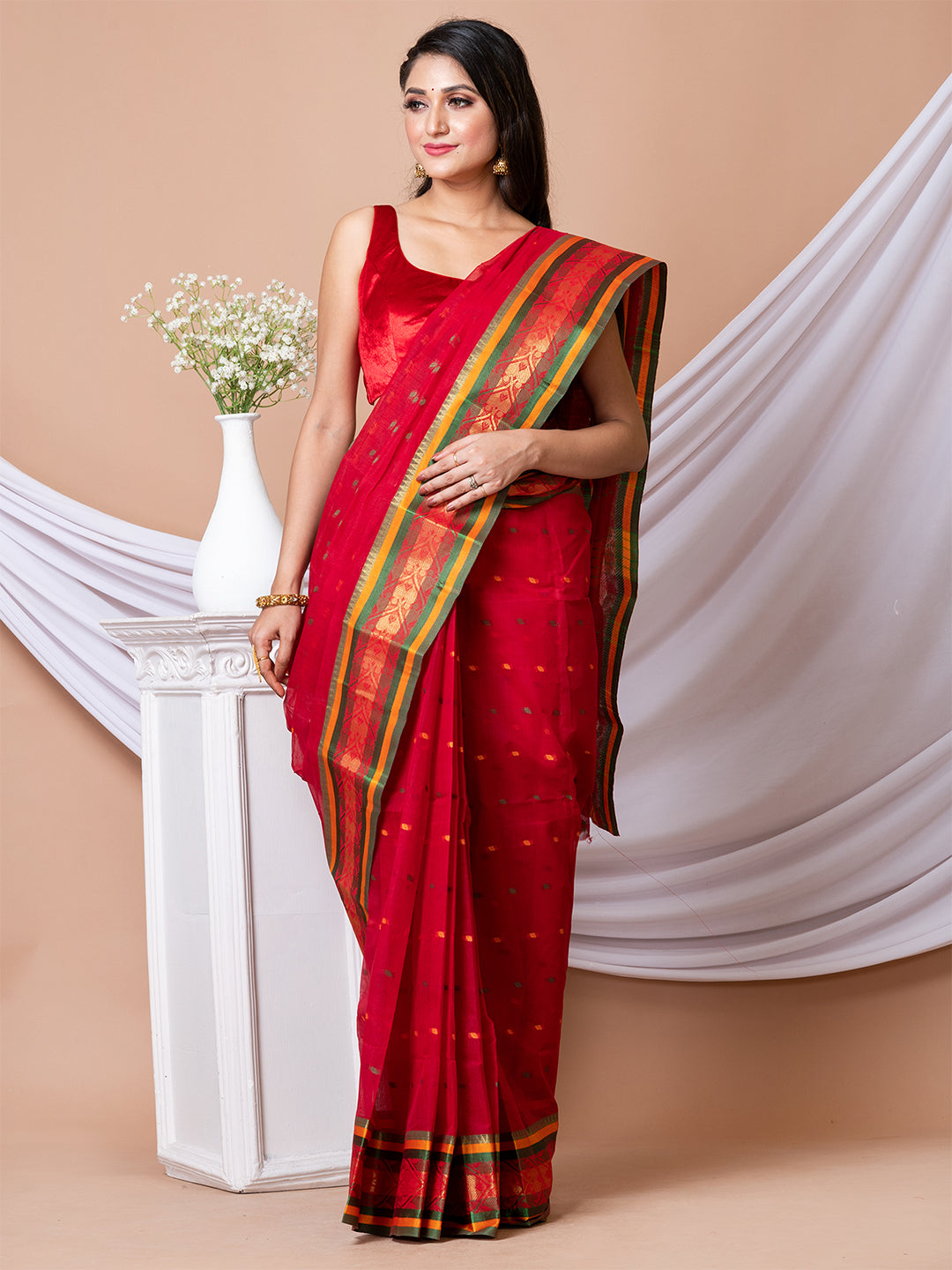 Red & Multi Ethnic Motifs woven design pure cotton taant saree