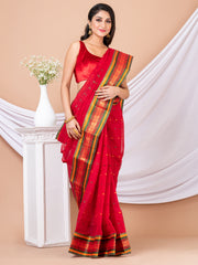 Red & Multi Ethnic Motifs woven design pure cotton taant saree