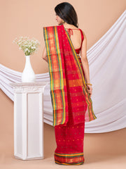 Red & Multi Ethnic Motifs woven design pure cotton taant saree