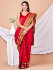 Red & Multi Ethnic Motifs woven design pure cotton taant saree