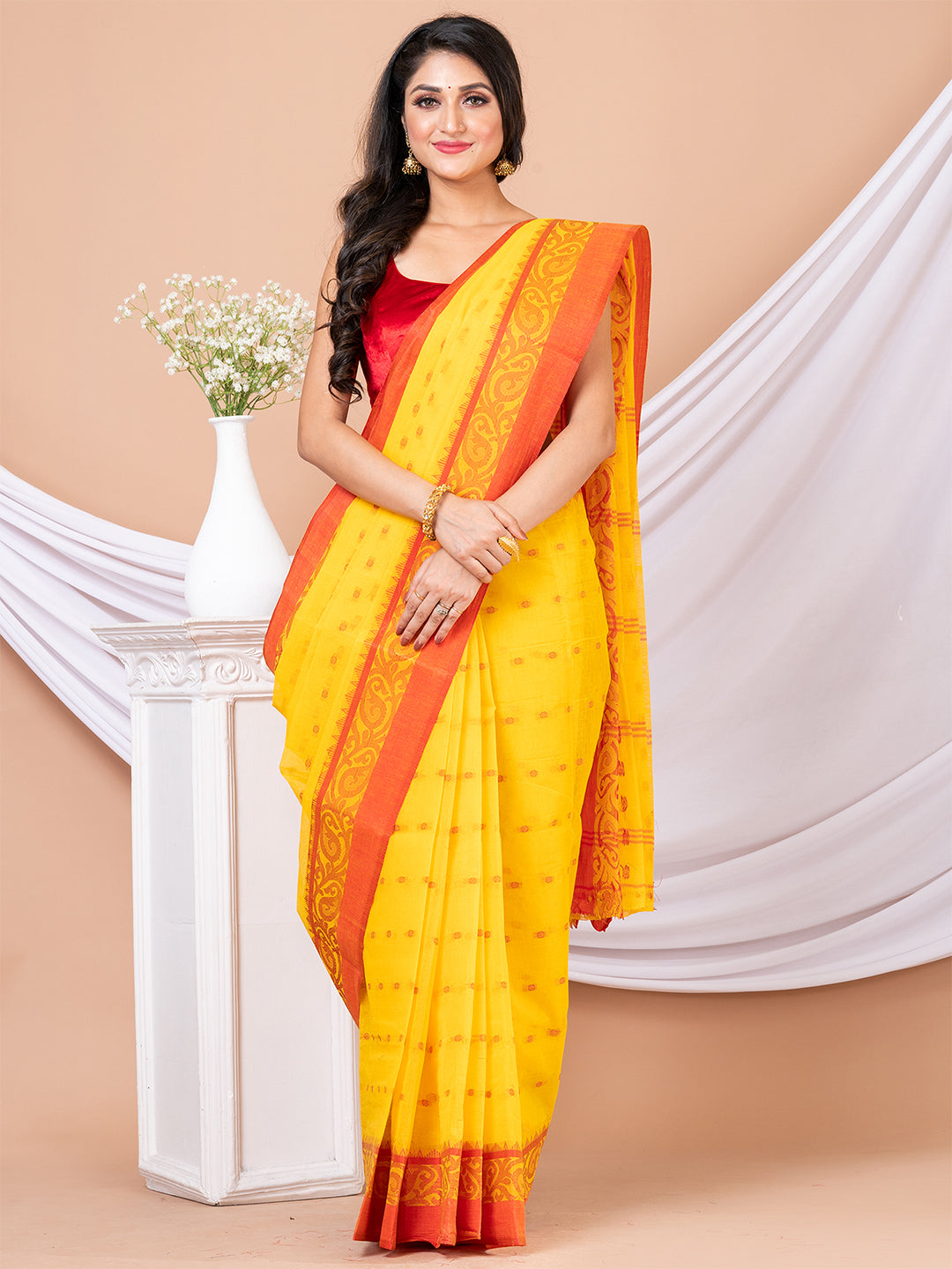 Yellow & Red pure cotton woven design taant saree