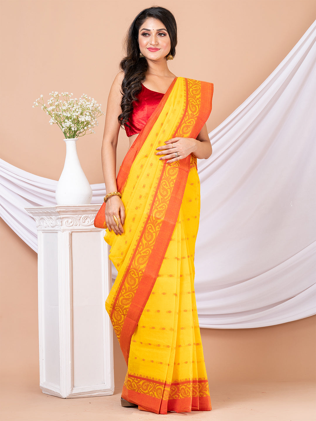 Yellow & Red pure cotton woven design taant saree