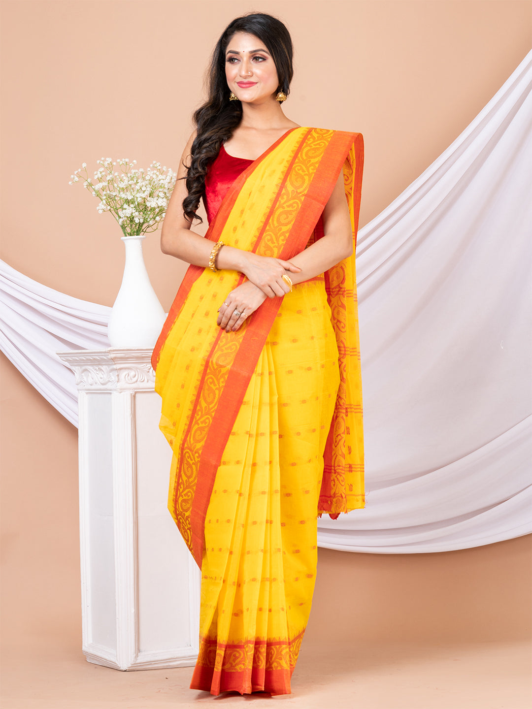 Yellow & Red pure cotton woven design taant saree