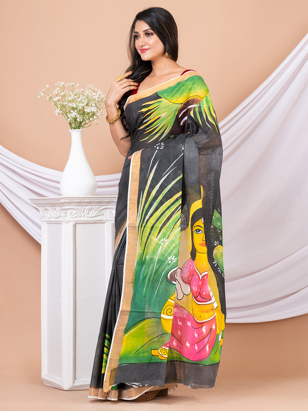 Black & Multi Hand painted Kerala cotton saree