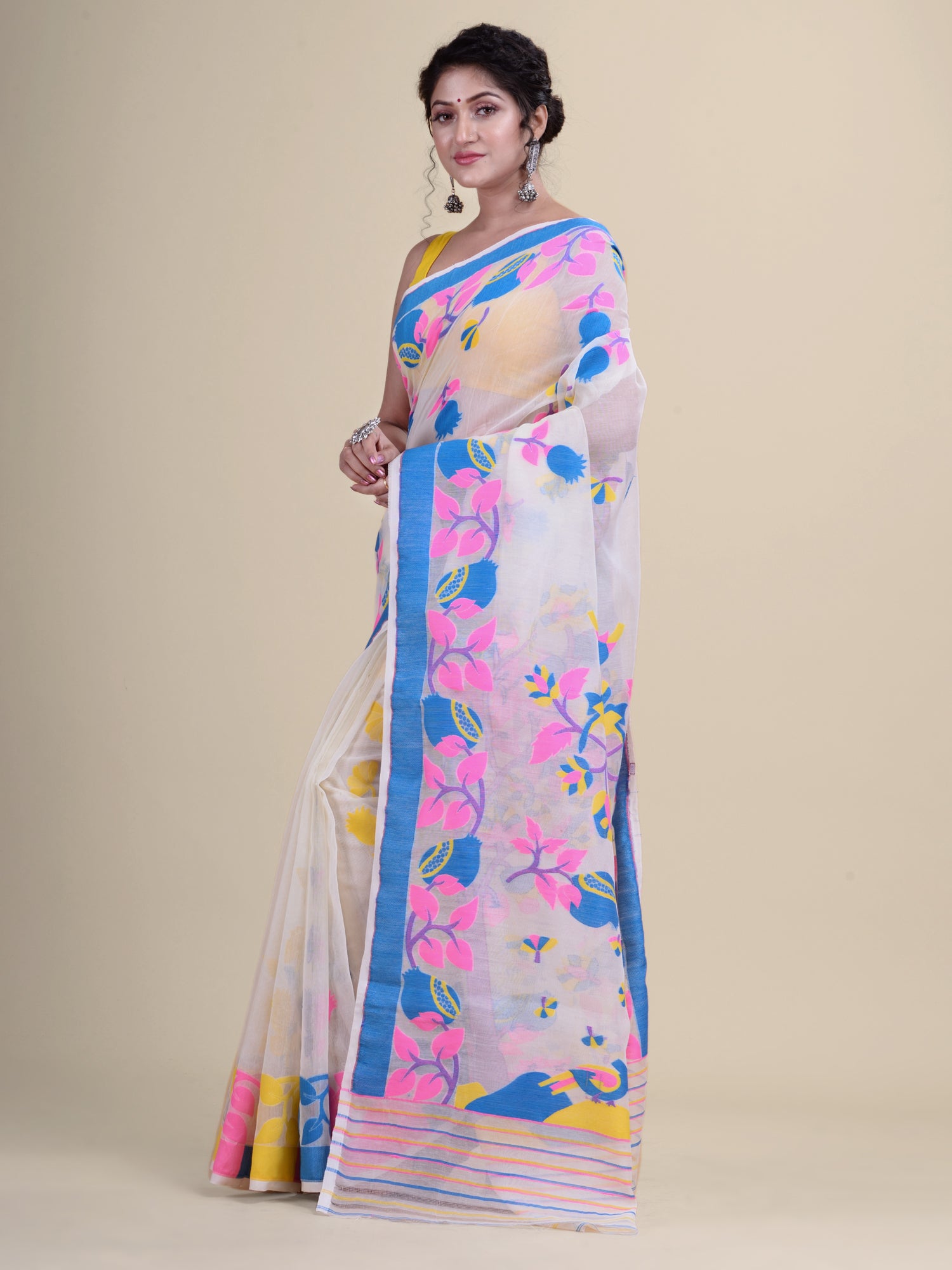 White & Multi   Cotton Jamdani Saree