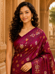 Laa Calcutta Magenta & Multi hand-stitch embroidary silk blend kantha stitch saree