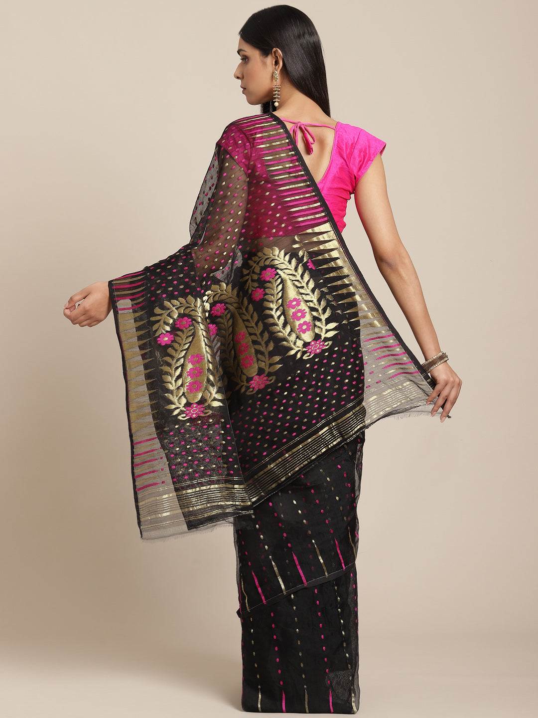 Black  & Golden Cotton silk Jamdani Saree