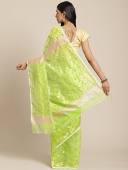 Lime Green & Golden Cotton blend Jamdani Saree