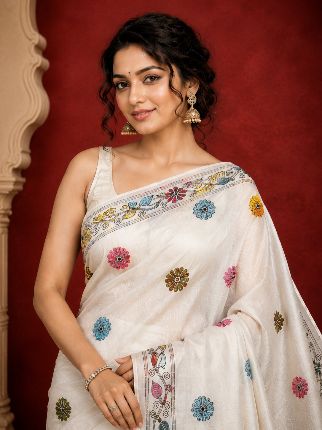 Laa Calcutta White & Multi hand-stitch embroidary silk blend kantha stitch saree