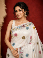 Laa Calcutta White & Multi hand-stitch embroidary silk blend kantha stitch saree