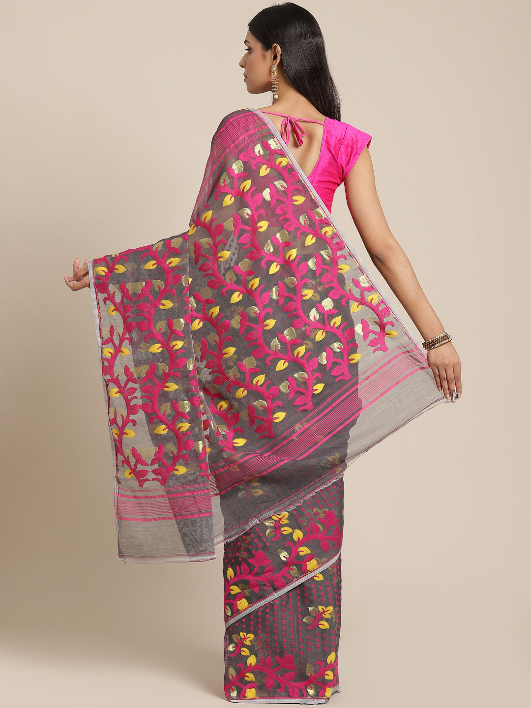 Grey & Pink Cotton Jamdani Saree