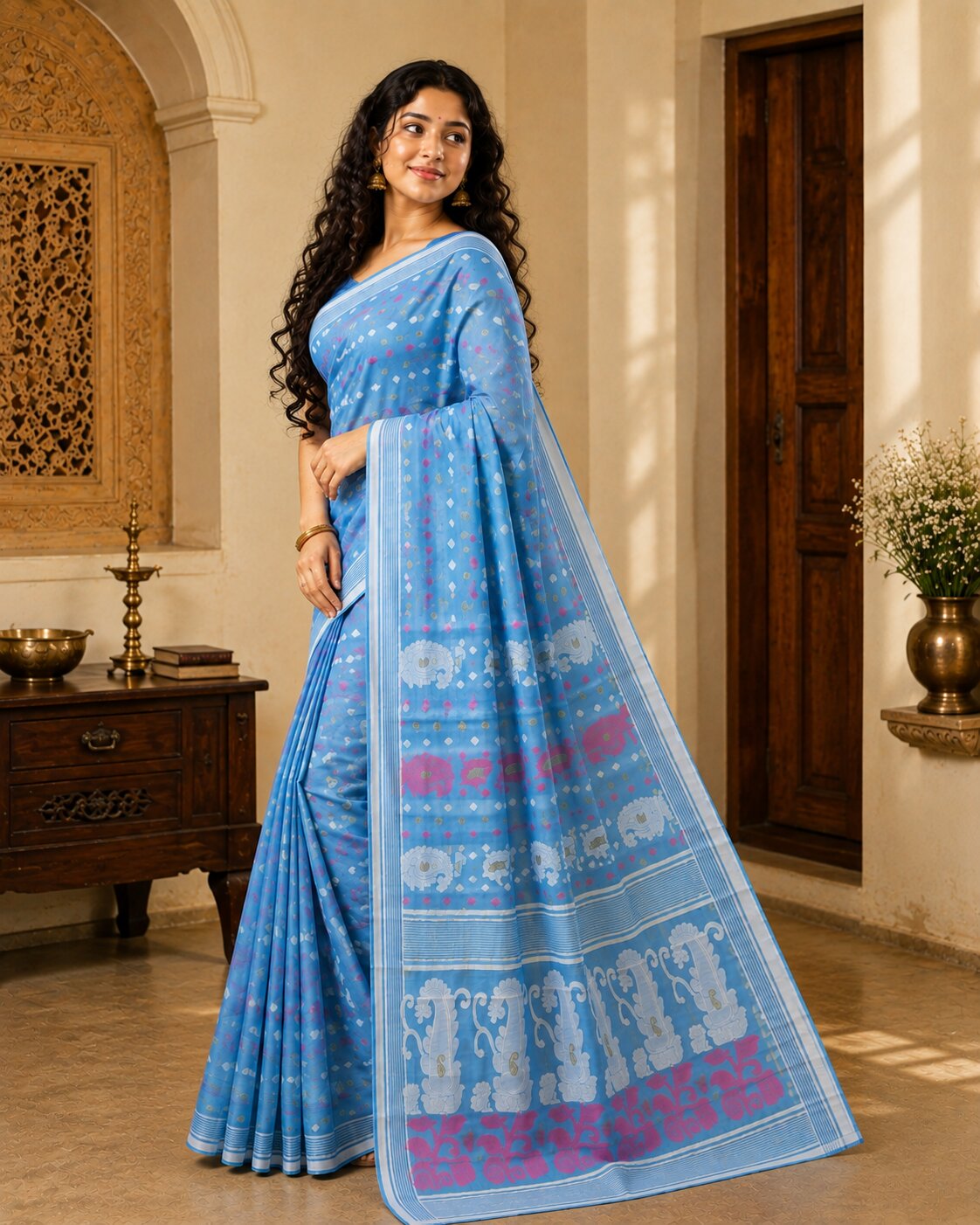 Sea Green & Multi cotton blend jamdani saree