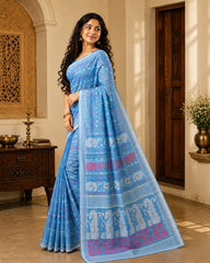 Sea Green & Multi cotton blend jamdani saree