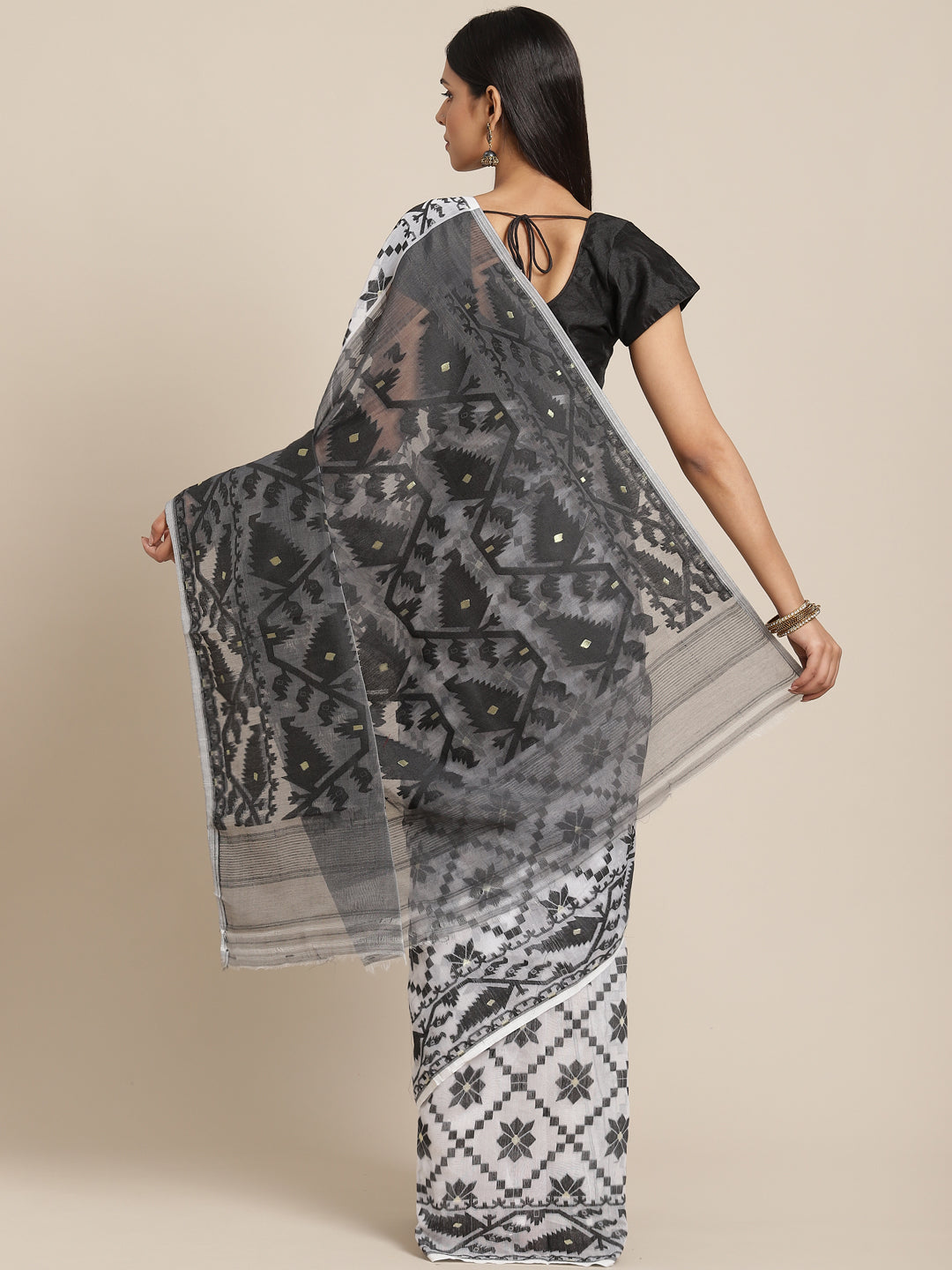 White & Black Cotton Jamdani Saree