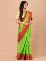 Green & Red pure cotton taant saree