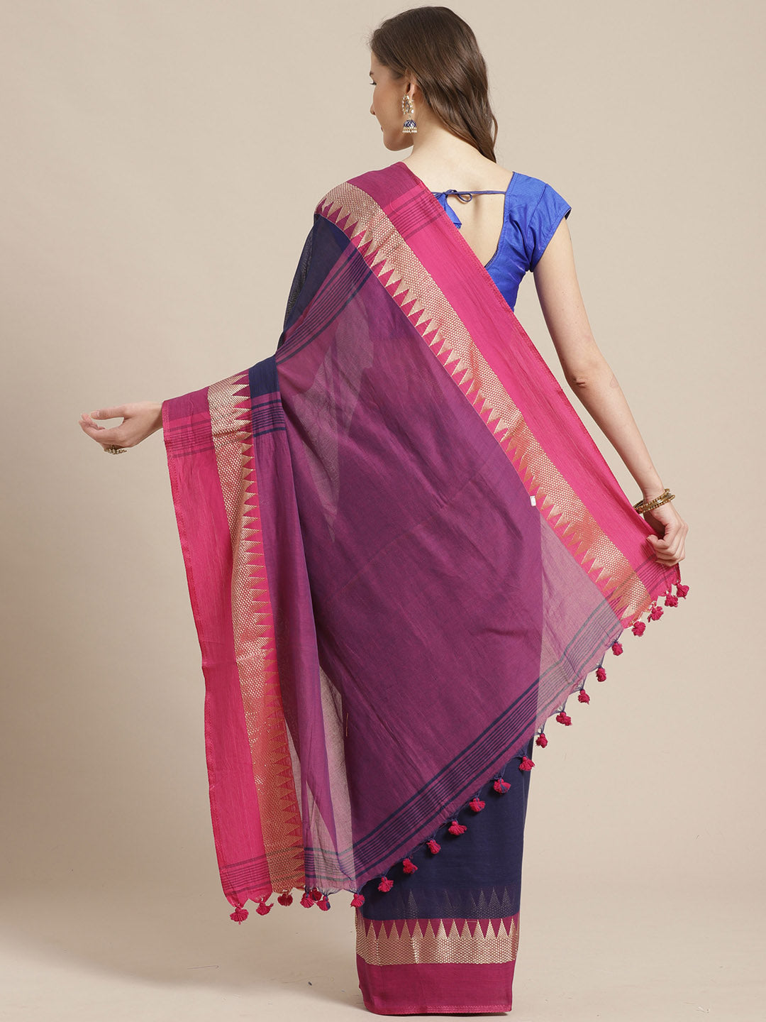 Laa Calcutta Navy Blue & Purple Cotton handloom saree