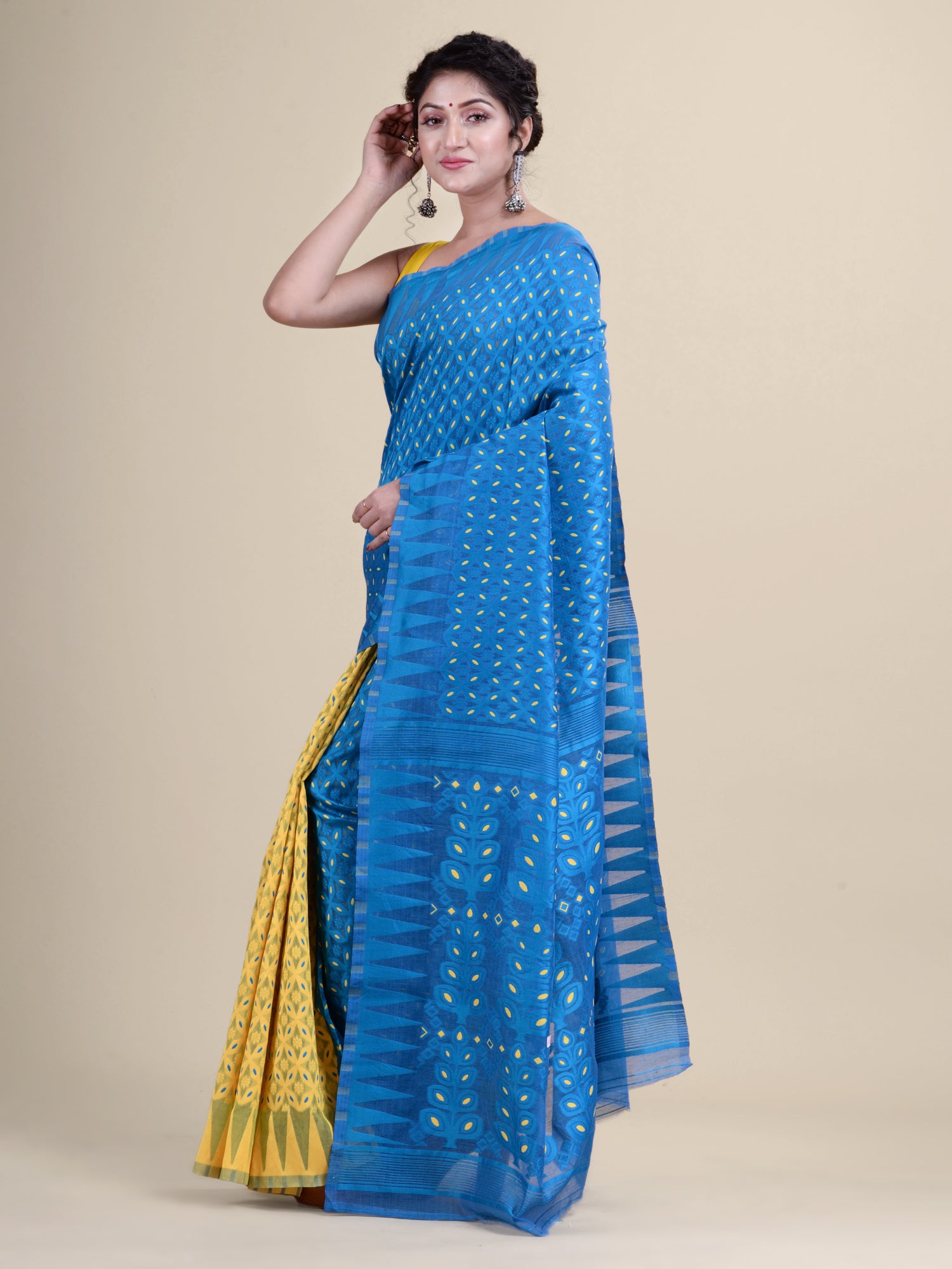 Blue  & Yellow Cotton Minakari Jamdani Saree