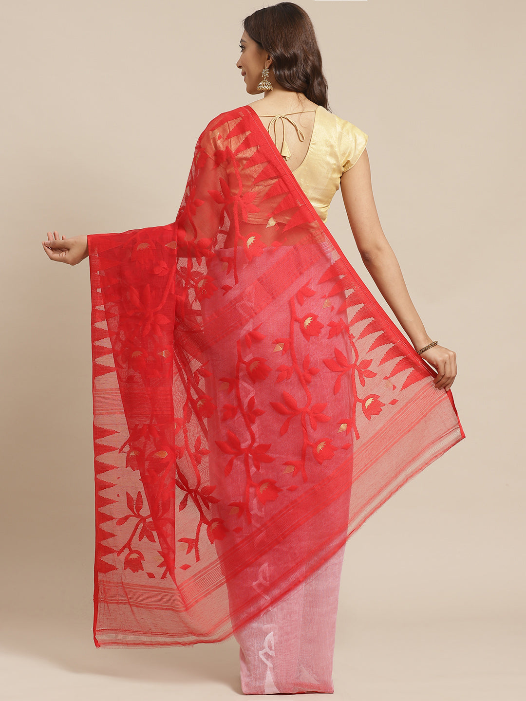 White & Red  Cotton Jamdani Saree