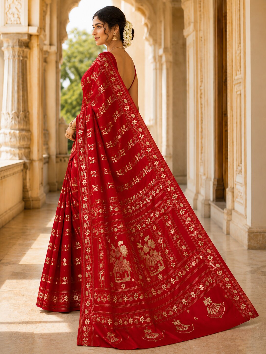 Laa Calcutta Red & White hand-stitch embroidary silk blend kantha stitch saree