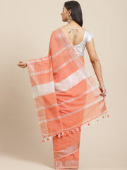 Laa Calcutta Orange  & Silver  Pure cotton Handloom Saree