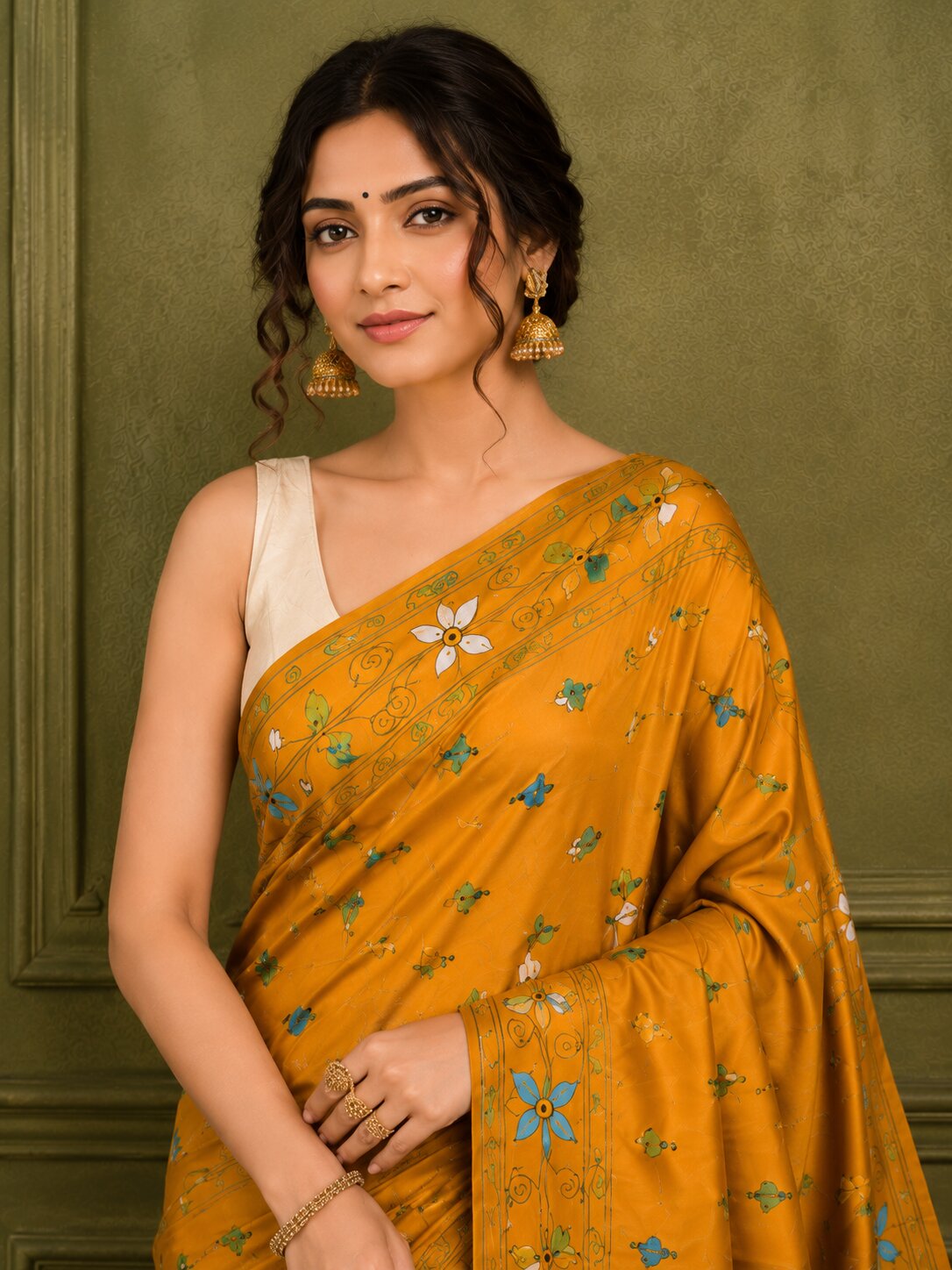 Laa Calcutta Yellow & Multi hand-stitch embroidary silk blend kantha stitch saree