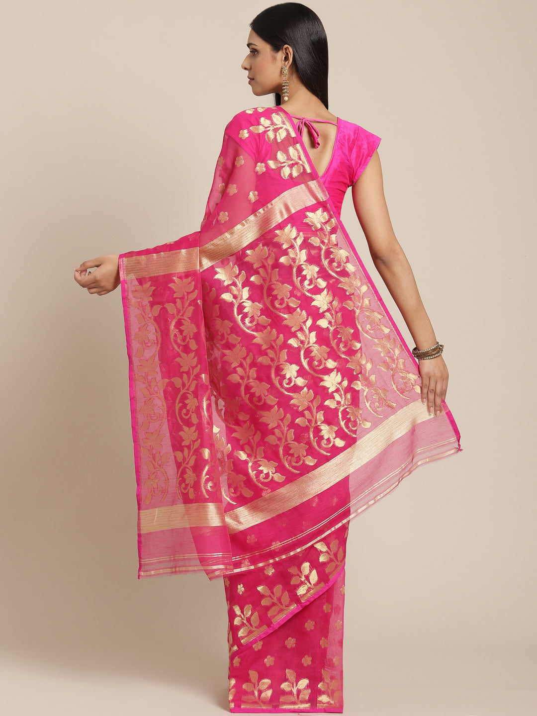 Pink & Golden Cotton silk Jamdani Saree