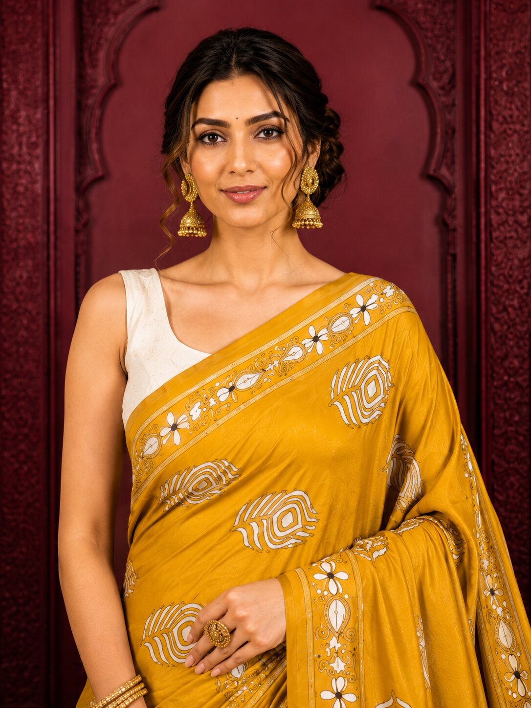 Laa Calcutta Yellow & White hand-stitch embroidary silk blend kantha stitch saree