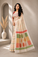 Laa Calcutta White & Multi cotton blend jamdani saree