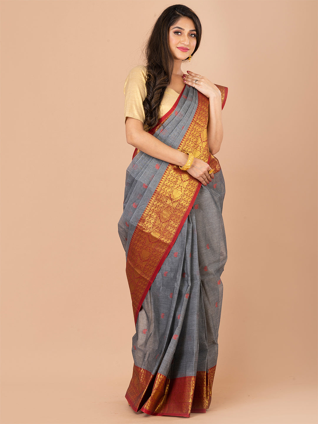 Grey & Maroon pure cotton taant saree