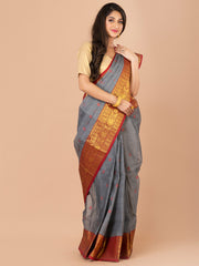 Grey & Maroon pure cotton taant saree