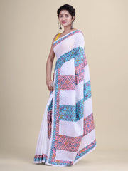 White & Multi Ajrakh Hakuba handloom Saree