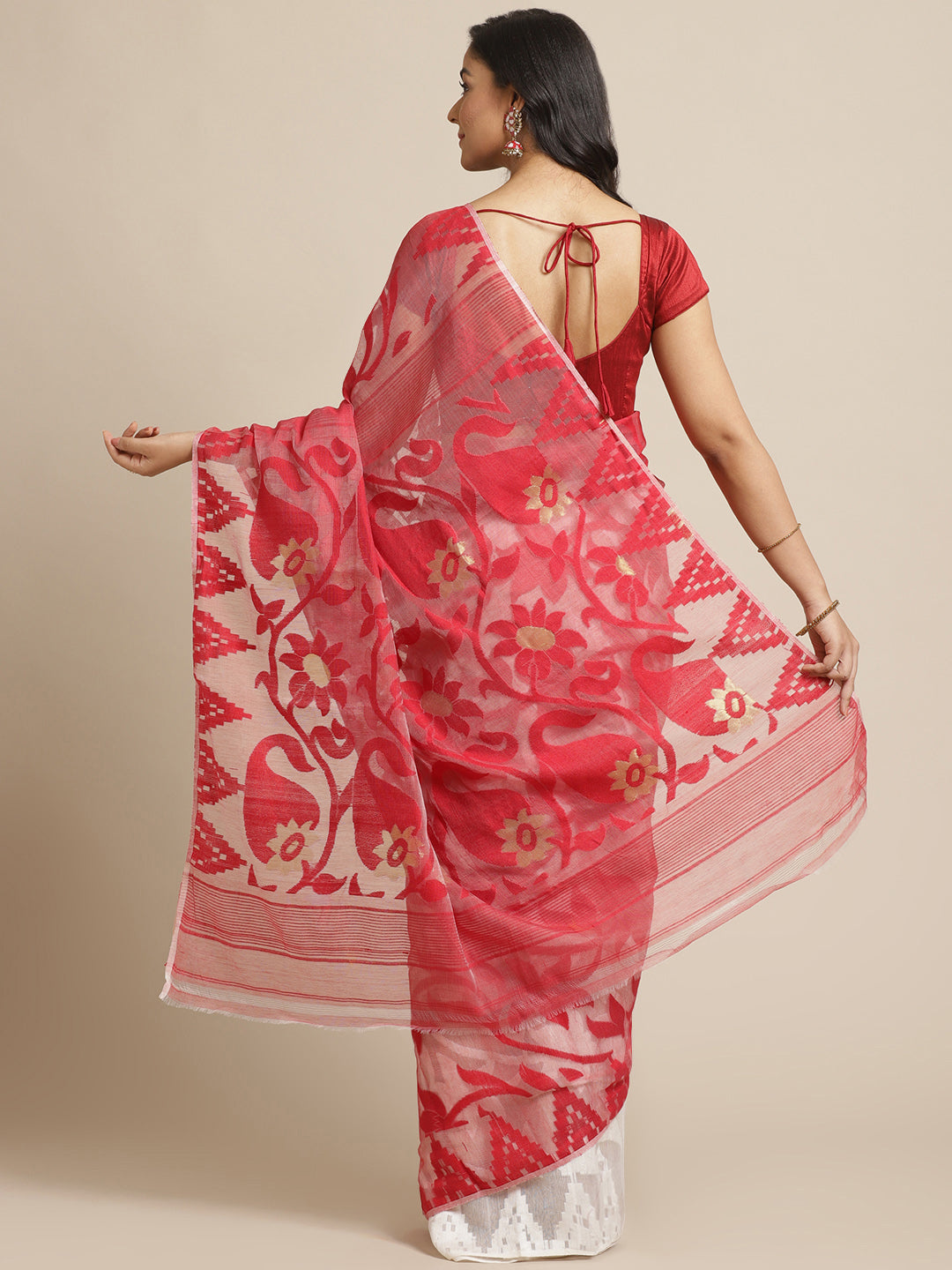 White & Red Cotton Jamdani Saree