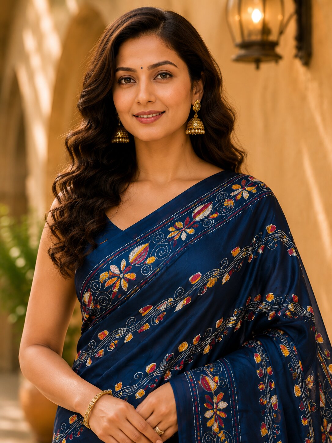 Laa Calcutta Navy Blue & Multi hand-stitch embroidary silk blend kantha stitch saree